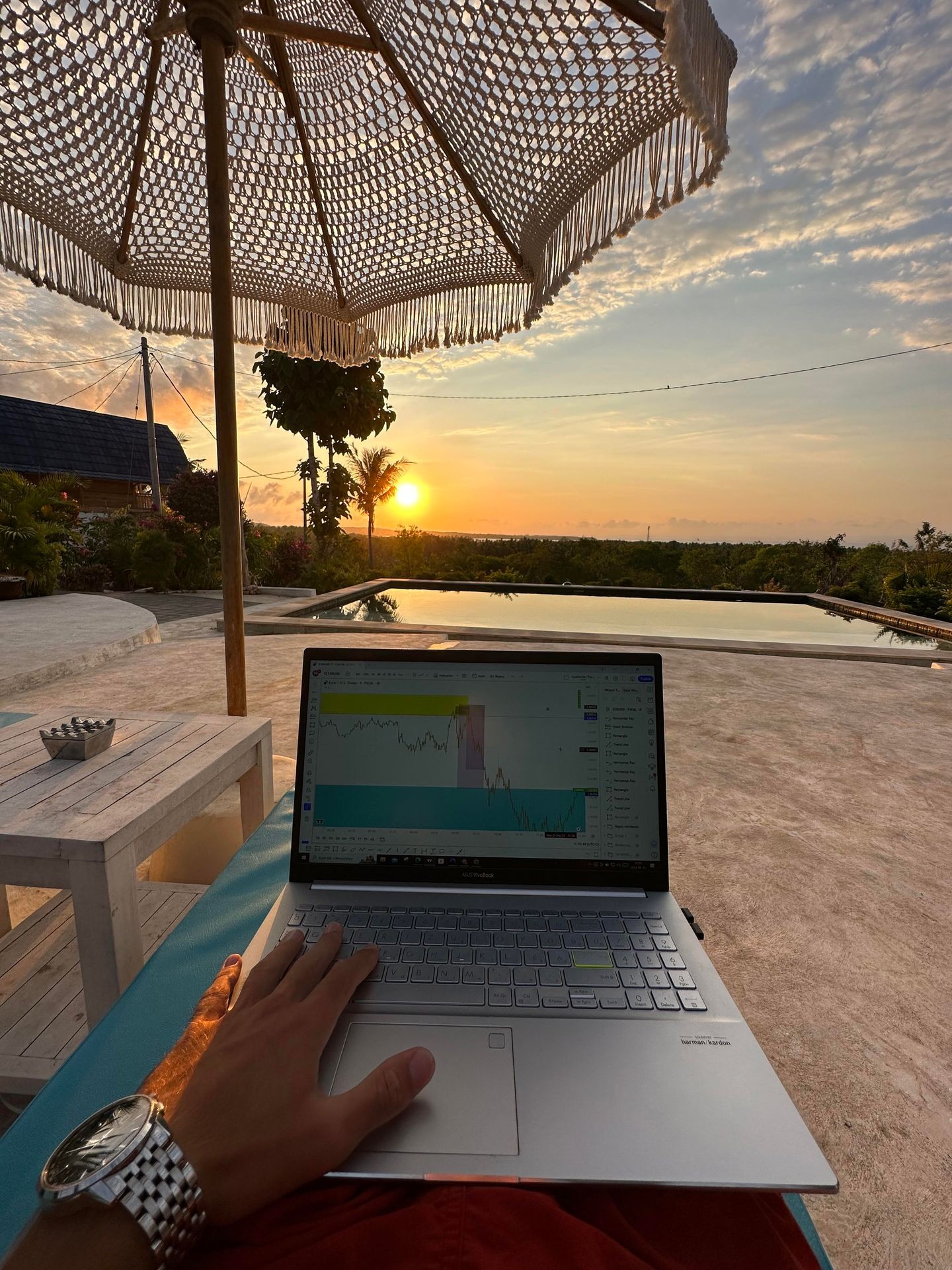 Person working on a laptop with stock charts by a pool under an umbrella at sunset.