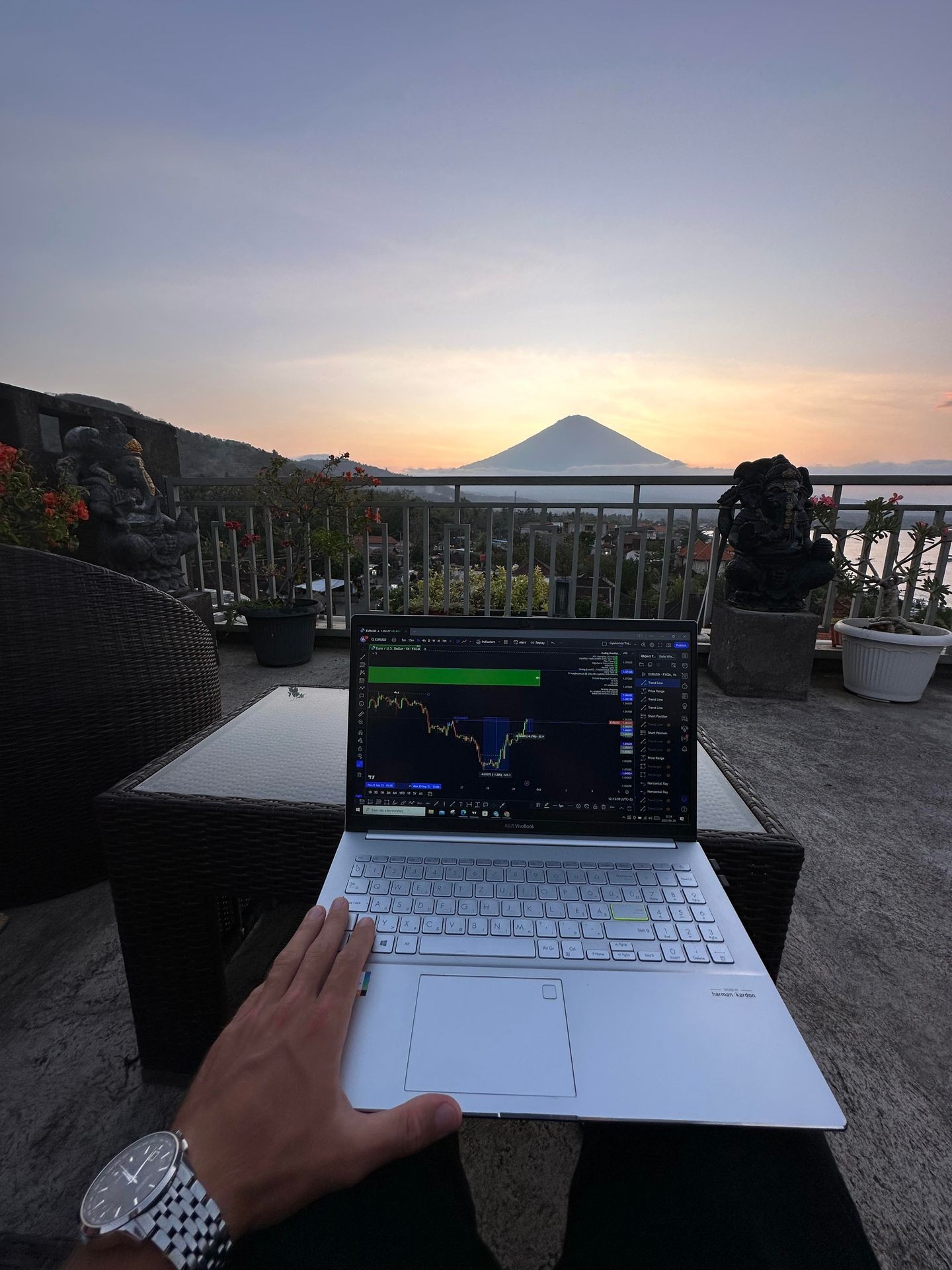 Person with silver watch using a laptop displaying stock charts on a terrace with mountain view at sunset.